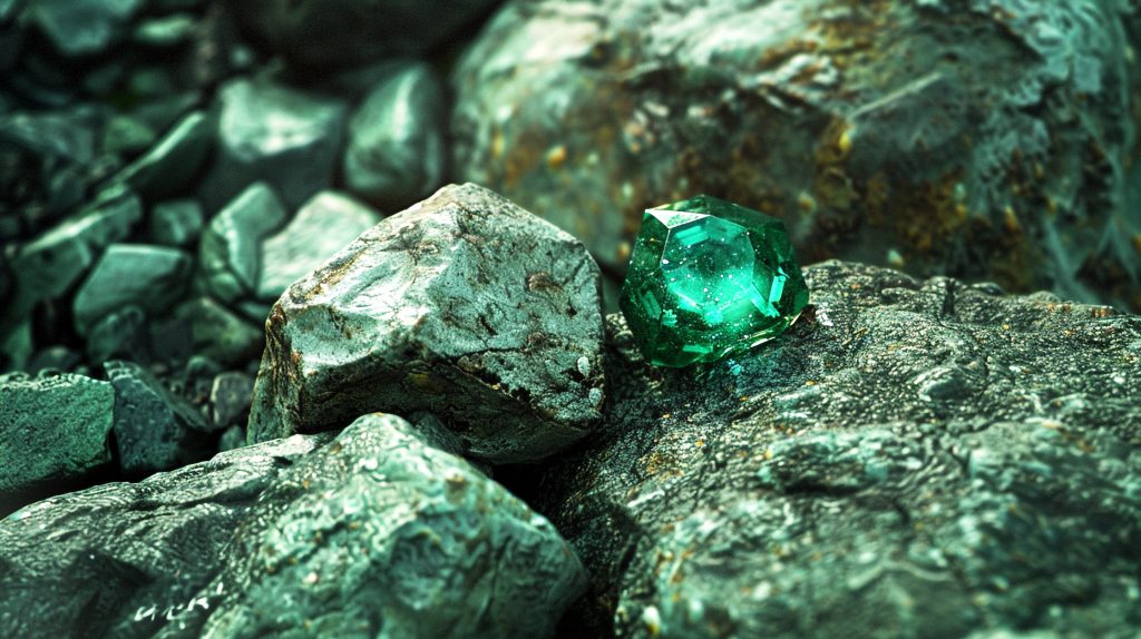 Zeleni dragi kamen marikizit položen na tamno kamenje – prirodni izgled
